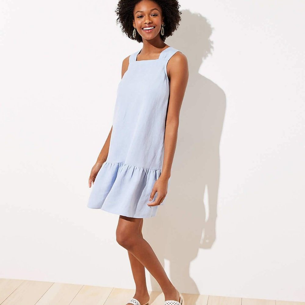 LOFT Chambray Square Neck Flounce Linen Dress